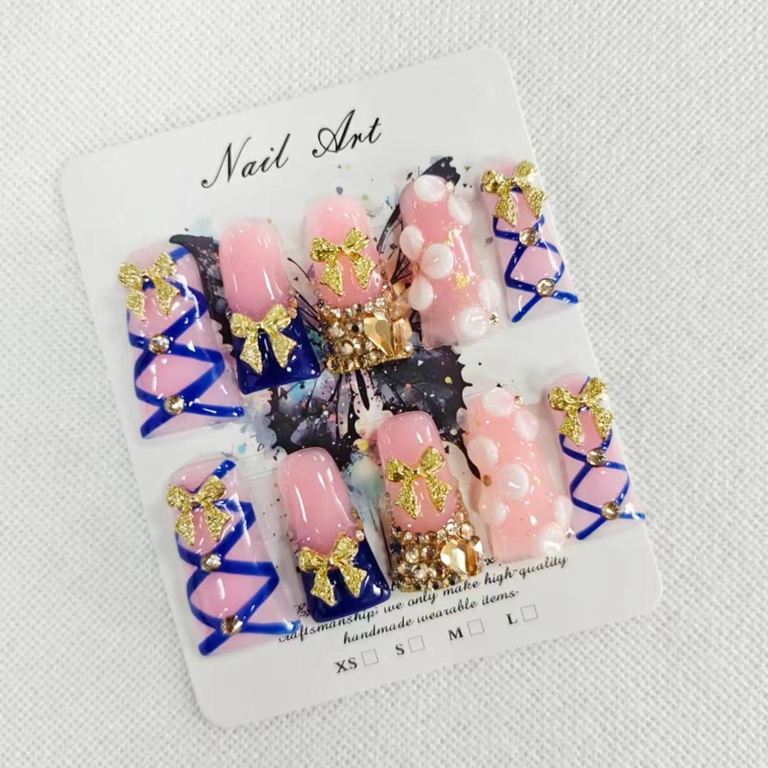 10Pcs Press on Nails Long Duck Handmade Fake Nails Blue French 3D Gilded Bow False Nails with Rhinestones Designs Reusable Artificial Luxury Acrylic Nails Press ons for Women Manicure (Size M) (style 22)