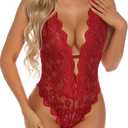 Aranmei Sexy Lingerie for Women Hollow Out Floral Lace Bodysuit One Piece Lingerie Deep V Teddy Babydoll Underwear (Wine Red, XL)