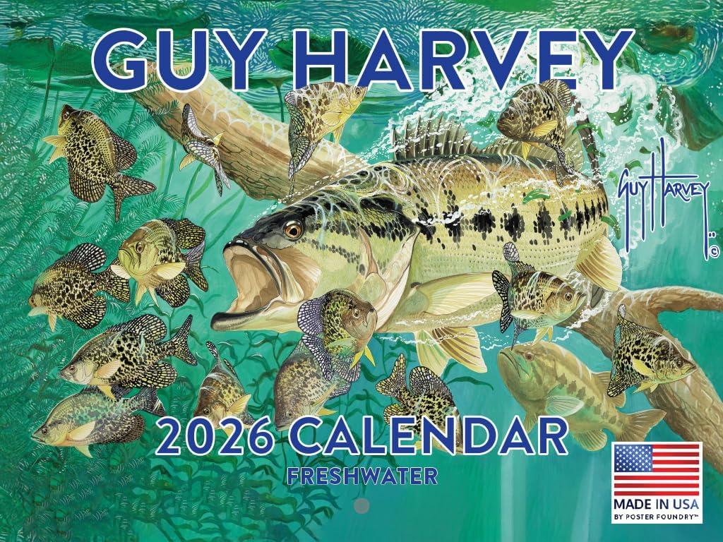 Guy Harvey Calendar 2026 Wall Freshwater Fishing Gifts For Fisherman Fish Monthly Calender 12 Month | American Made In The USA