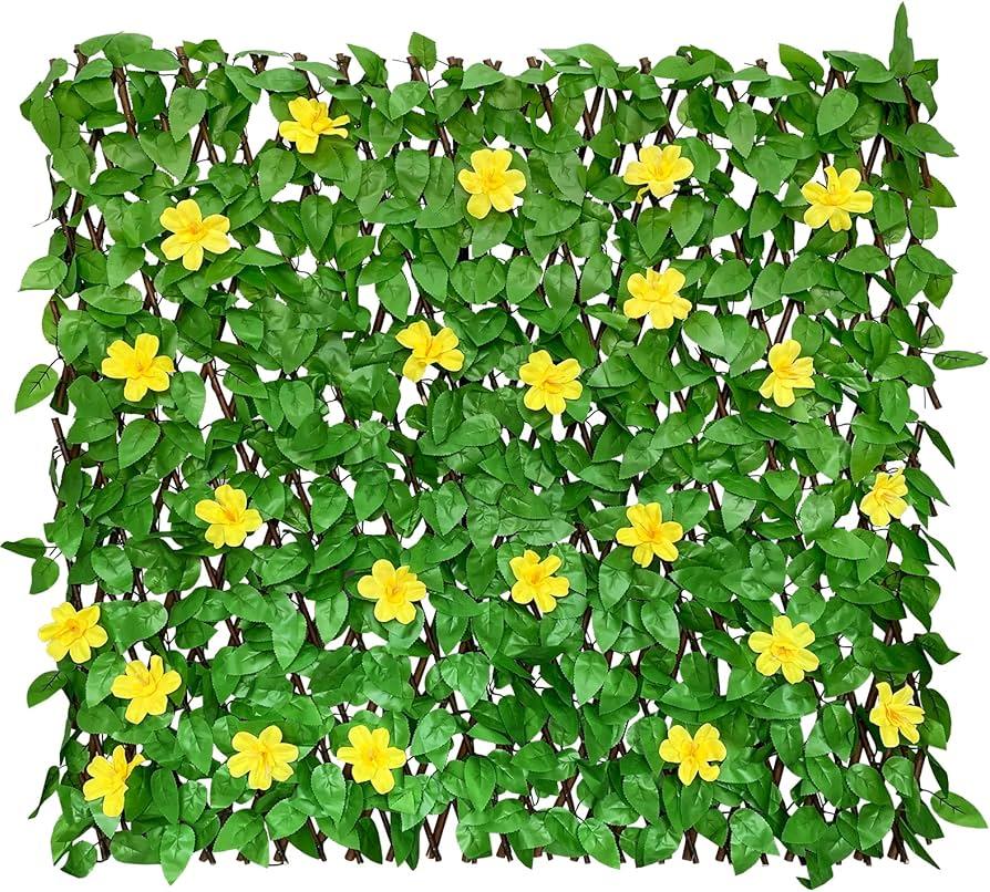 Expandable Fence Privacy Screen for Balcony Patio Outdoor,Decorative Faux Ivy Fencing Panel,Artificial Hedges (Single Sided Leaves) (4, Yellow Flowers) 45"L X 12"W