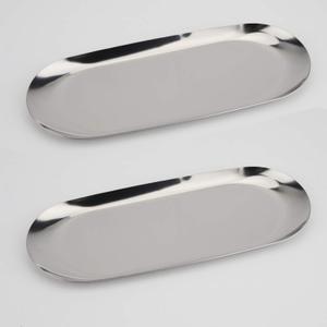 Stainless Steel Decorative Tray, Set of 2, 9 Inch Long, Jewelry Dish Cosmetics Organizer Bathroom Clutter Serving Platter Small Storage Tray, Oval, Silver