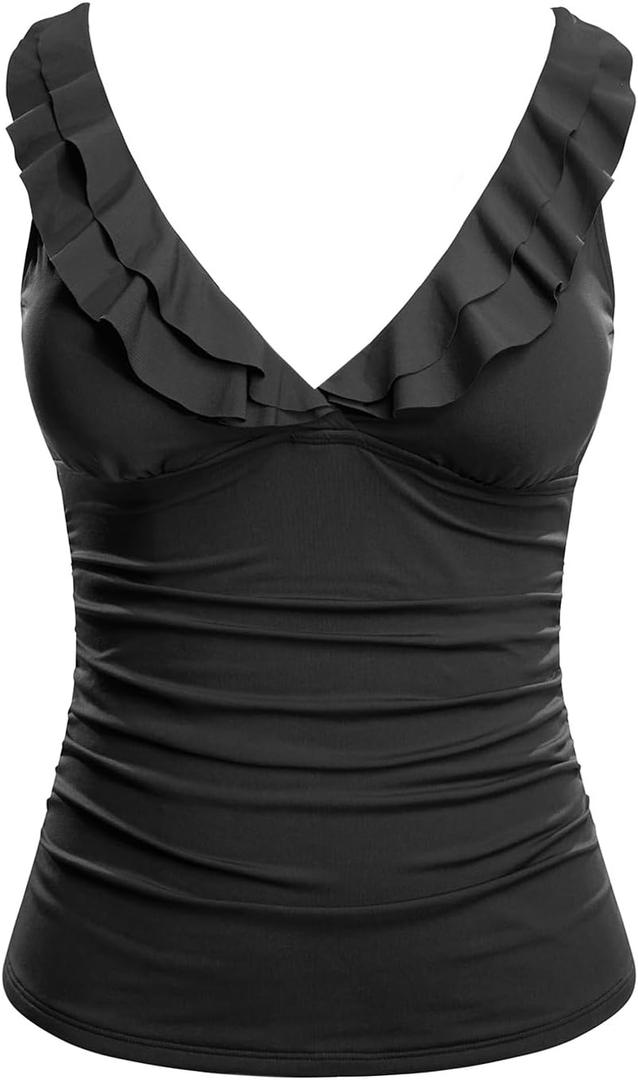 Yonique Women's Tankini Top Only Tummy Control Bathing Suit Top Ruffle Swimsuit Top V Neck Swim Tank Top No Bottom (Black, M)