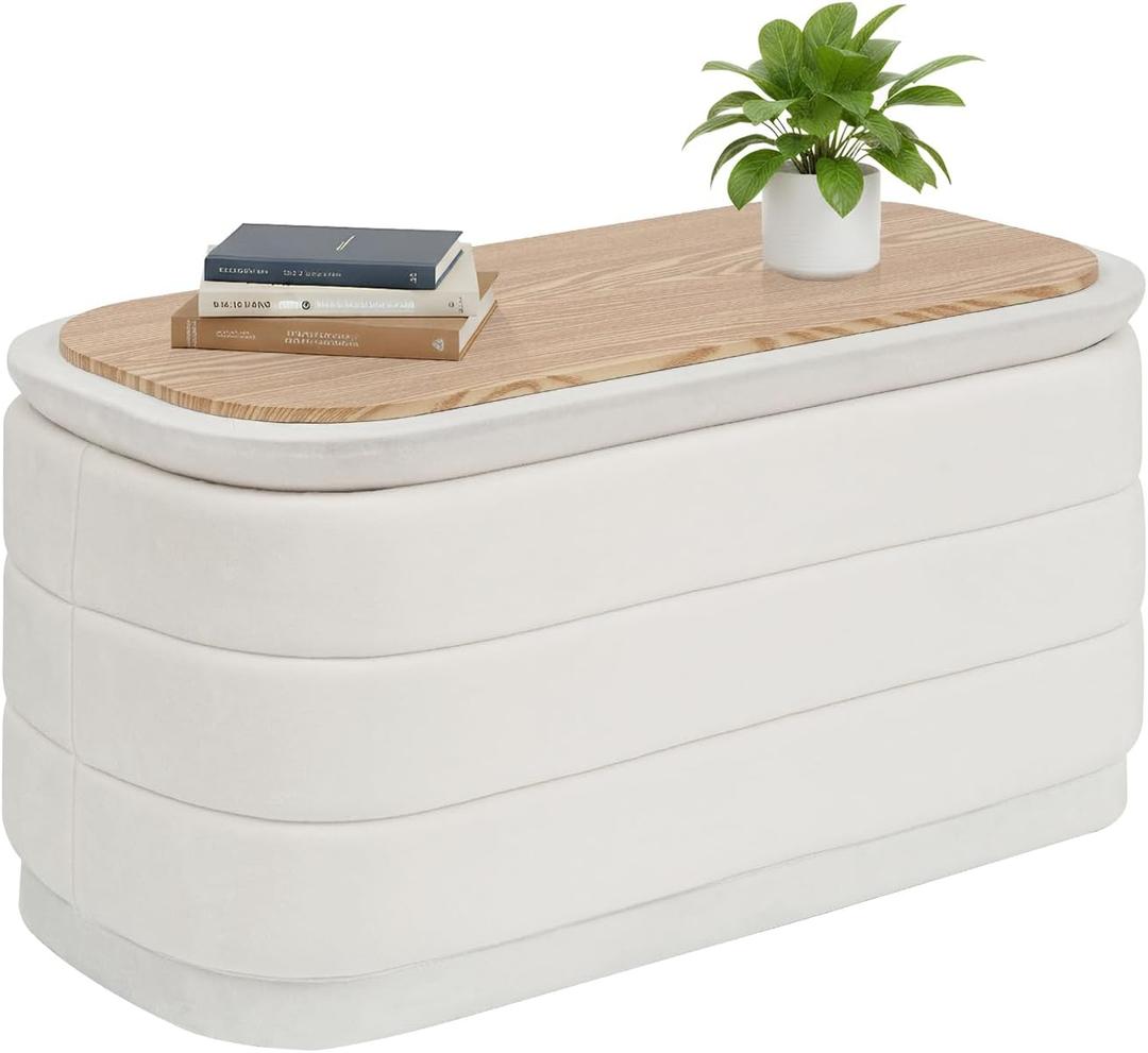 B FSOBEIIALEO 30" Velvet Storage Ottoman Long Bench with Tray, White