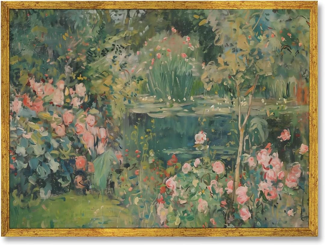 Gold Framed Vintage Garden Roses Large Wall Art Impressionist Botanical Landscape Framed Oil Painting Poster Retro Romantic Floral Picture Print for Cottagecore Bedroom Living Room Decor 36x24inch