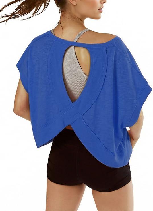 denking Women Open Back Workout Tops 100% Cotton Short Sleeve Tops Casual Yoga Athletic Gym Running Crop Cute Oversize Tees(Royal Blue XS)