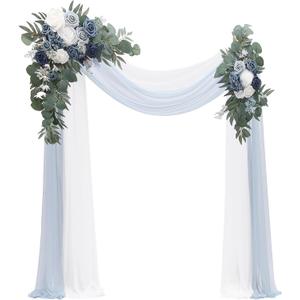 Floroom Arch Flowers with Drapes Kit (Pack of 4) - 2pcs Artificial Dusty Blue & Navy Blue Floral Swag Arrangement with 2pcs Draping Fabric for Wedding Ceremony Arbor and Reception Backdrop Decoration