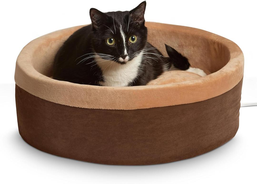 K&H Pet Products Thermo-Kitty Bed Heated Cat Beds for Large Indoor Cats & Dogs, Calming Warming Pillow Pet Bed, Machine Washable, Removable Heater, Safety Listed - Large 20" Round Mocha/Tan
