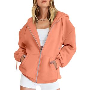 Fisoew Womens Zip Up Sweatshirts Fleece Lined Collar Crop Hoodie Casual Cotton Long Sleeve Tops with Thumb Hole Orange  (Small)