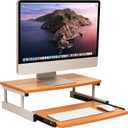 Mind Reader Monitor Stand, Sliding Keyboard Drawer, Laptop, Riser, Office, Wood/Metal, 20"L x 14.75"W x 5.9"H, Brown, Silver