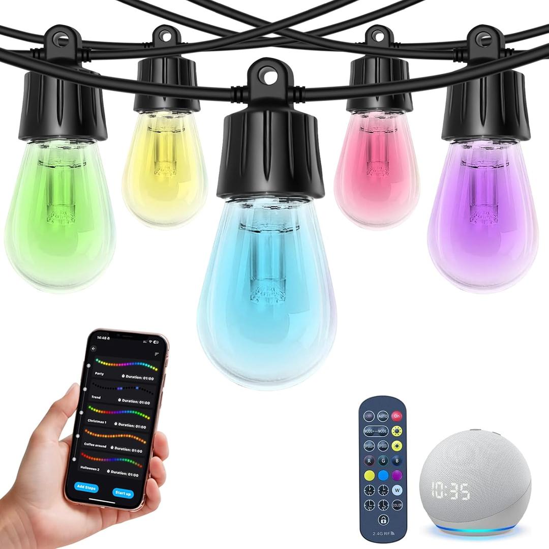 Outdoor String Lights, 50ft Smart RGB IC Warm White Patio Lights Outdoor Waterproof with Remote & App Control, Compatible with Alexa Great for Deck, Gazebo, Balcony