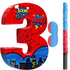 Capoda Number 3 Spider Piata Bundle with Blindfold and Bat Spider Birthday Party Piata for Birthday Party Decoration, 16.14 x 12.32 x 2.76 Inch (Red and Blue)