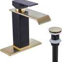 Bathroom Faucet Brushed Golden Waterfall Spout Black Body Single Handle Brass Pop Up Drain Stopper with Overflow Include for 1-3 Holes Basin Sink Deck Mounted Lavatory Vanity