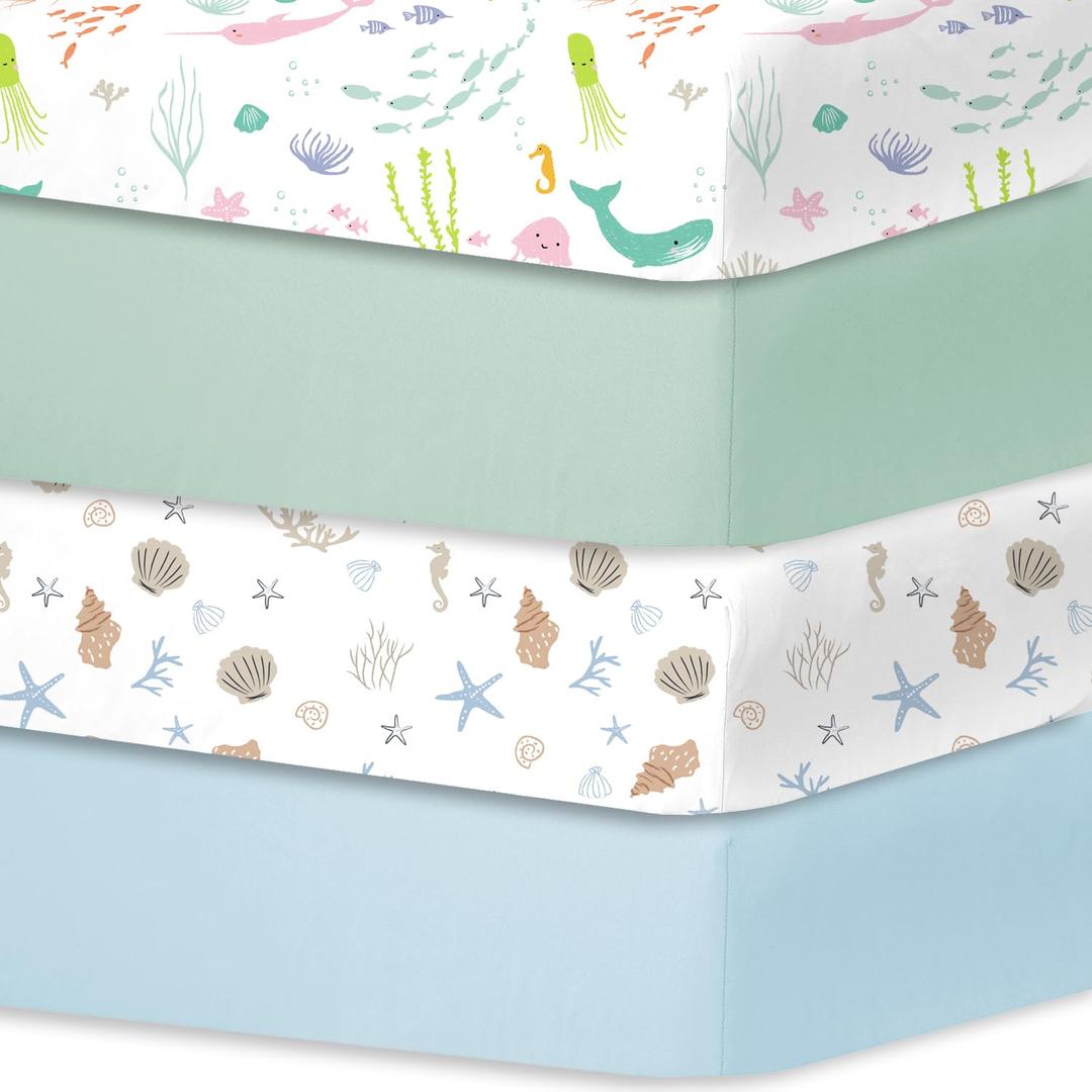Bimocosy Crib Sheets 4 Pack, Baby Crib Sheets Fitted for Boys and Girls Breathable & Snug Fit, Soft Toddler Bed Sheets for Standard Crib Mattress Nursery Daycare Essentials, Ocean Friends