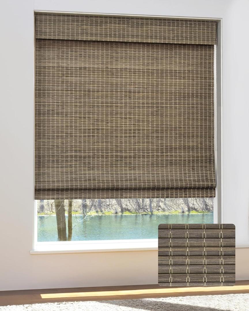 Cordless Bamboo Roman Shades for Windows, Blinds Size (32.5" W  64" H) Colour (BDP-Driftwood) (32.5" W  64" H (See introduction))