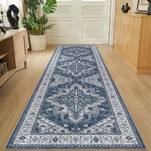 WITSHOCK Living Room Area Rugs 3x12: Washable Rug Boho Soft Non-Slip Low Pile Stain Resistant Foldable Carpet for Bedroom Playroom Dining Room Office Kitchen Farmhouse Home Decor Rug-Blue