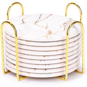 9 Pieces Ceramic Drink Coasters with Holder, Billbotk Absorbent Drink Coasters for Coffee Table, Marble Style Coasters Wooden Table, Suitable for Kinds of Cups, 4 Inches (Gold White)