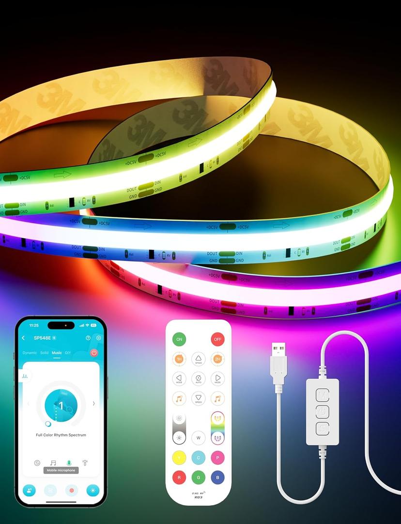 PAUTIX RGB Smart IC COB LED Strip Light 5V USB,Color Chasing UL-Listed Multicolor Flexible Tape LED Strip Light 9.84ft/3m Compatible with Alexa/Google Assistant,for TV,Desk,Monitor DIY Decoration