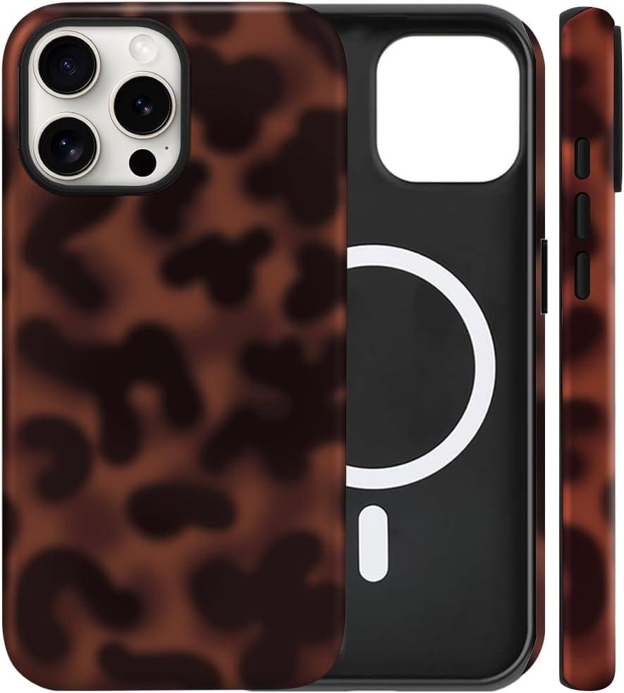 Magnetic for iPhone 15 Case Cute Tortoise Shell Phone Case, Leopard Print Shockproof Slim TPU and Hard PC Protective Cover Fit for MagSafe Designed for Women Girls, Brown Amber
