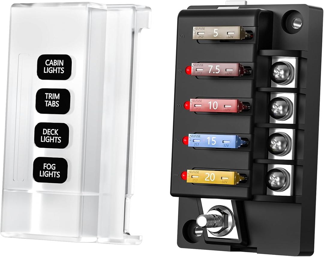 12V Fuse Block, 4 Circuits Waterproof Marine Fuse Panel Relay Box Kit with LED Indicator Damp-Proof Cover, ATO Blade Block for 12V/24V Automotive Marine Truck Car Boat RV