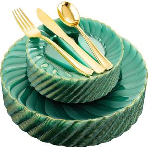 YOUBET 125PCS Clear Green Plastic Plates with Gold Rim - Green and Gold Plastic Plates Include 25 Dinner Plate 25 Dessert Plate 75 Disposable Silverwares for Wedding & Party