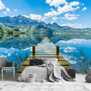 YQWDMX - Blue Sky White Clouds Wooden Bridge Lake Scenery Wallpaper for Bedroom (Not Peel and Stick) S 100"Wx73"H