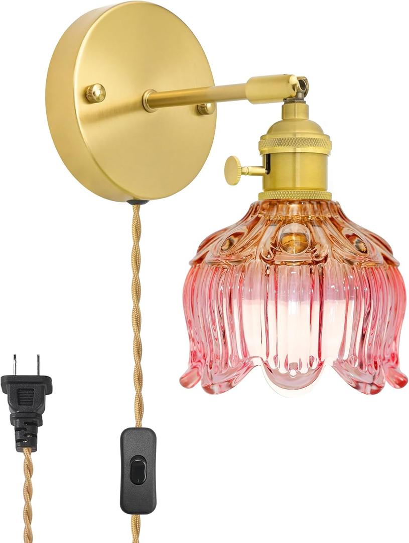 Plug in Wall Sconces,Plug in Wall Lamp, Vintage Wall Light with Pink Tulip Glass Lampshade, 3-Way Dimmable with Dual Switches, No Wiring Needed for Bedroom Wall Decor and Hallway