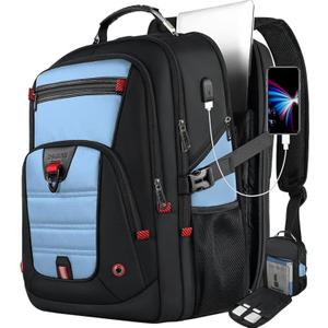 Z-MGKISS Big Backpack for Travel, 52L Large Anti-Theft Computer Backpack for Women Men, Heavy Duty Laptop Bag 17.3 Inch with USB Port, College Business Work Daypack, Lake Blue