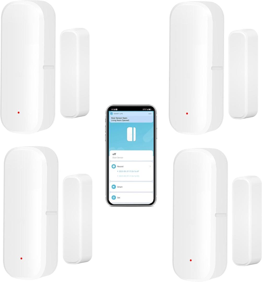 WiFi Door Sensor: Wireless Window Sensor with App Alerts, Tuya Smart Contact Sensor for Home Security and Smart Home Automation, No Hub Required, Compatible with Alexa Google Assistant(4-Pack)