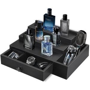 Cologne Stand Organizer for Men, 3 Tier Cologne Display Shelf with Velvet Lining Drawer and Compartments for Watch, Jewelry, Perfume Display Risers for Cologne, Great Gift for Father