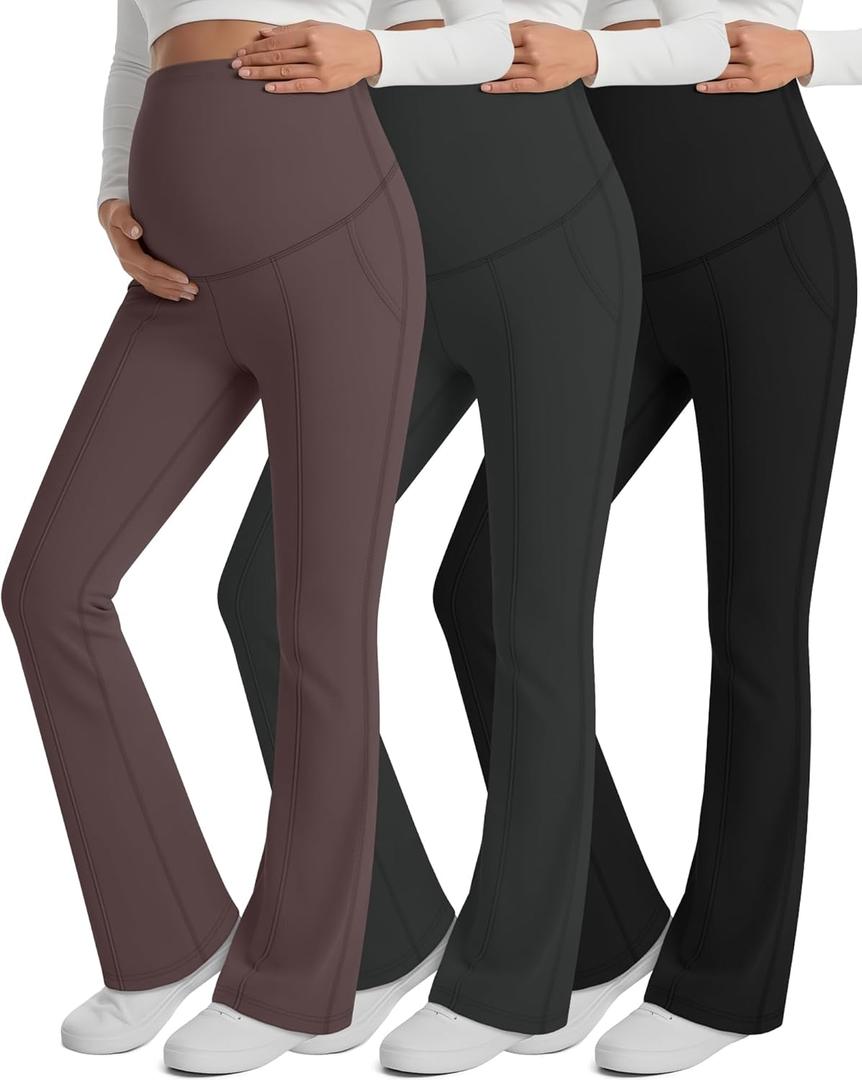 3 Pack Maternity Yoga Dress Pants Over The Belly Pregnancy Pant Stretchy Wide Leg Lounge Trousers with Pocket (Medium, Black, Dark Gray, Taupe)