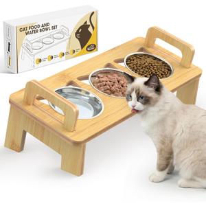 Bamboo Elevated Cat Bowls, 3 Stainless Steel Raised Cat Bowl with Stand, 15Tilted Cat Feeding Station, Cat Food and Water Bowl Set for Small Cats, Anti Vomitting, Whisker Fatigue (Natural)