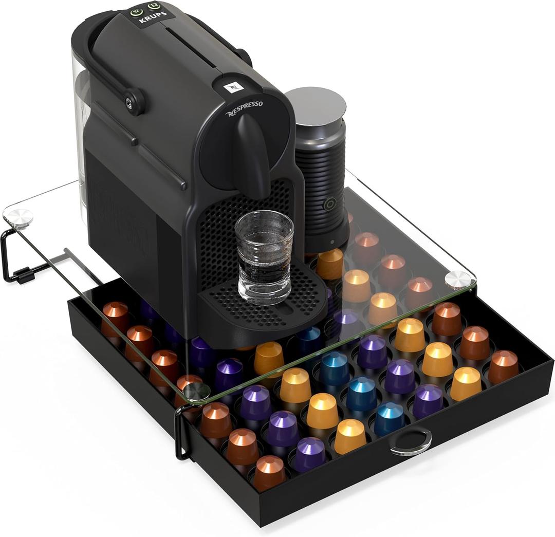 Deco Brothers Crystal Tempered Glass OriginalLine Pod Holder Drawer, 49 Capsule Organizer, Black