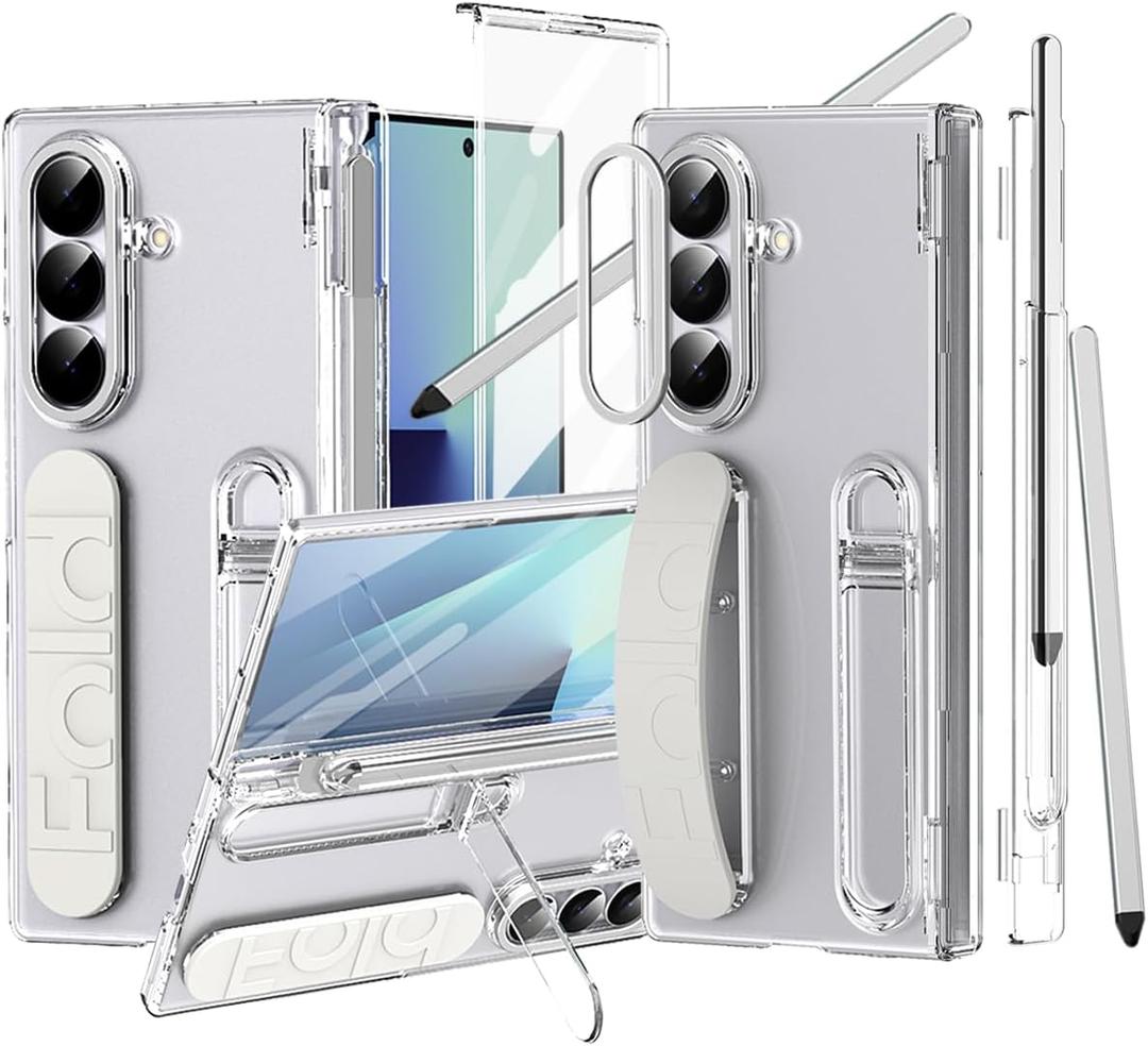 Finger Strap for Samsung Galaxy Z Fold 7 Case with S Pen Holder & Stylus, [Two Hinge Cover] Built-in Screen Protector Kickstand Wristband Full Coverage Slim Protective Case for Z Fold 7 Clear
