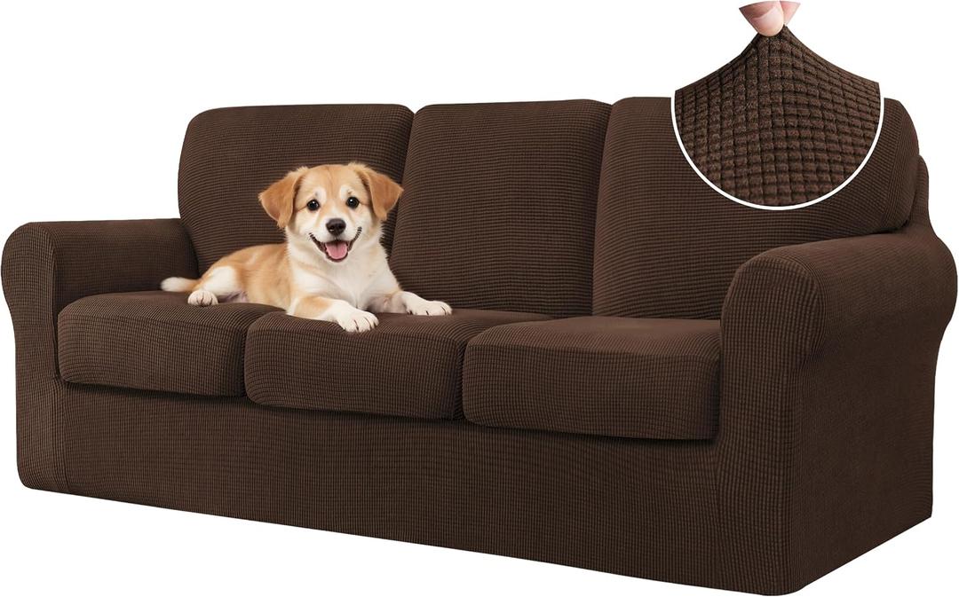 CHUN YI 7 Piece Couch Covers Sofa Covers Washable, Stretch Sofa Slipcovers for 3 Cushion Couch with Seperate Backrest and Cushion Covers, Anti Slip Furniture Protector for Dogs Pets (Large, Chocolate)