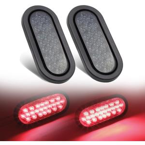 2 Pcs 6 Inch Oval Smoked Lens Red Multi-Function Tail Lights Brake Stop with Rubber & Plug for Truck Trailer Tow Bus 12V DC Shockproof 24LED
