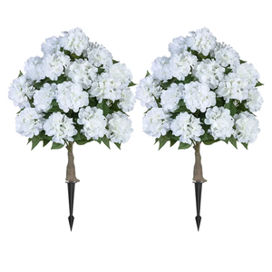 BLOSMON Fake Hydrangea Trees for Outdoors - 2 Packs 33" White Artificial Flower Topiary Ball Trees for Front Porch Decor - 20 Heads Faux Silk Hydrangea Bush Plants with Spike for Garden Yard Patio