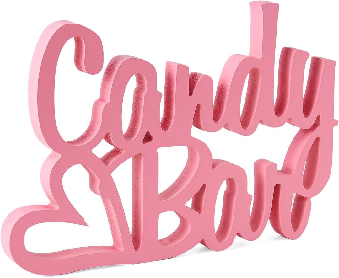 Candy Bar Sign, Wooden Dessert Table Decoration for Wedding/Birthday/Valentine's Day/Children's Day Candy Party (Pink)