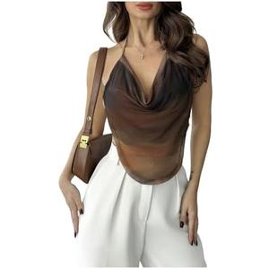 RoseSeek Women's Floral Draped Neck Halter Top Sleeveless Backless Crop Camisole Tops Clubwear Size S