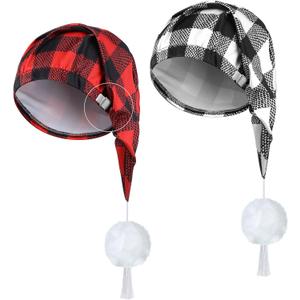 Janmercy 2 Pcs Sleeping Cap for Men Adjustable Sleep Cap Men Buffalo Plaid Night Hat with Ball Tassel for Winter (Black, White, Red)