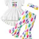 Noubeau Toddler Baby Girl Easter Outfits Ruffle Letter Rabbit Print Dress Shirt Top Leopard Bell-Bottom Flare Pant Headband
