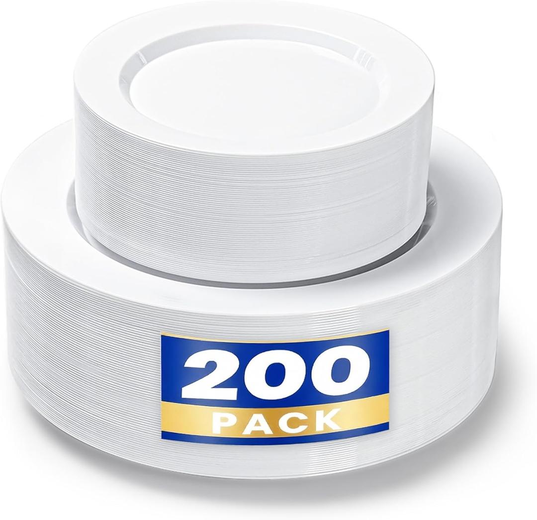 200PCS White Plastic Plates, Heavy Duty Plastic Plate Disposable, Include 100 Dinner and 100 Dessert Plates for Party and Wedding