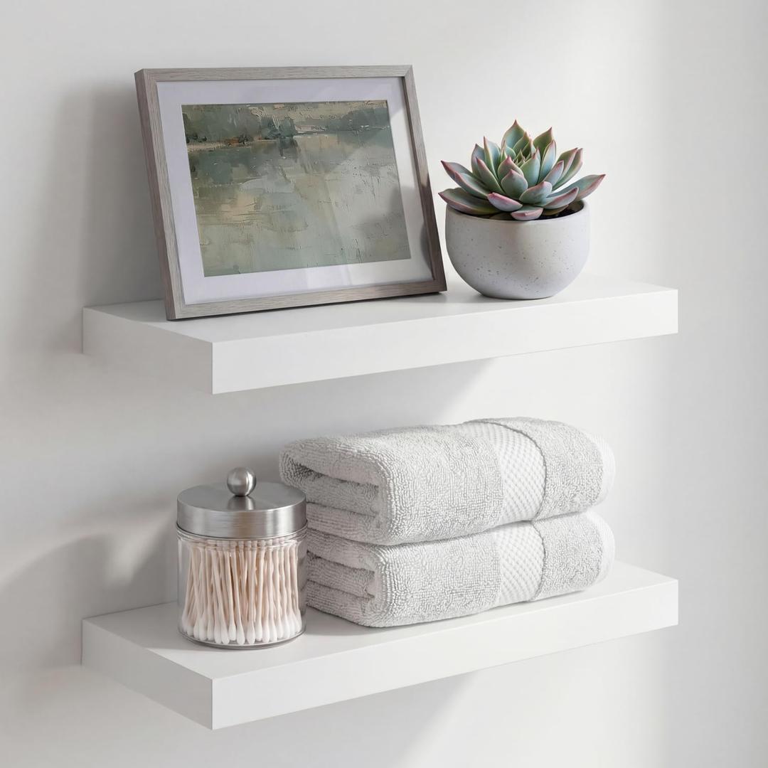 Homeforia White Floating Shelves 16 inch, High End Solid Real Wood 16inch Bathroom Floating Shelf for Wall Mounted, White Wooden 16 Floating Shelves, Heavy Duty Bracket, 16 X 6.5 X 1.75 inch, Set of 2 (Classic White - Soft Neutral Satin)