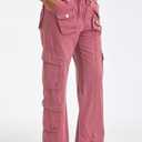 Cargo Pants for Women Low Rise Drawstring Waist 7 Pockets Hiking Work Wide Leg Pants with Zipper Button Closure (Small, Pink)