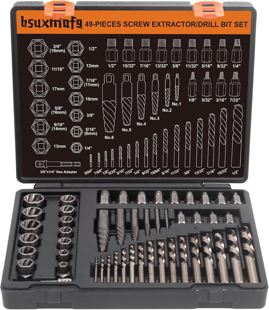 49PCS Screw & Bolt Extractor Set with Left Hand Drill Bit Set, Multi-Spline Easy Out Broken Bolt Remover Tools for Damaged Stripped Rounded-Off Bolts, Socket Screws, Nuts, Studs, and Fittings