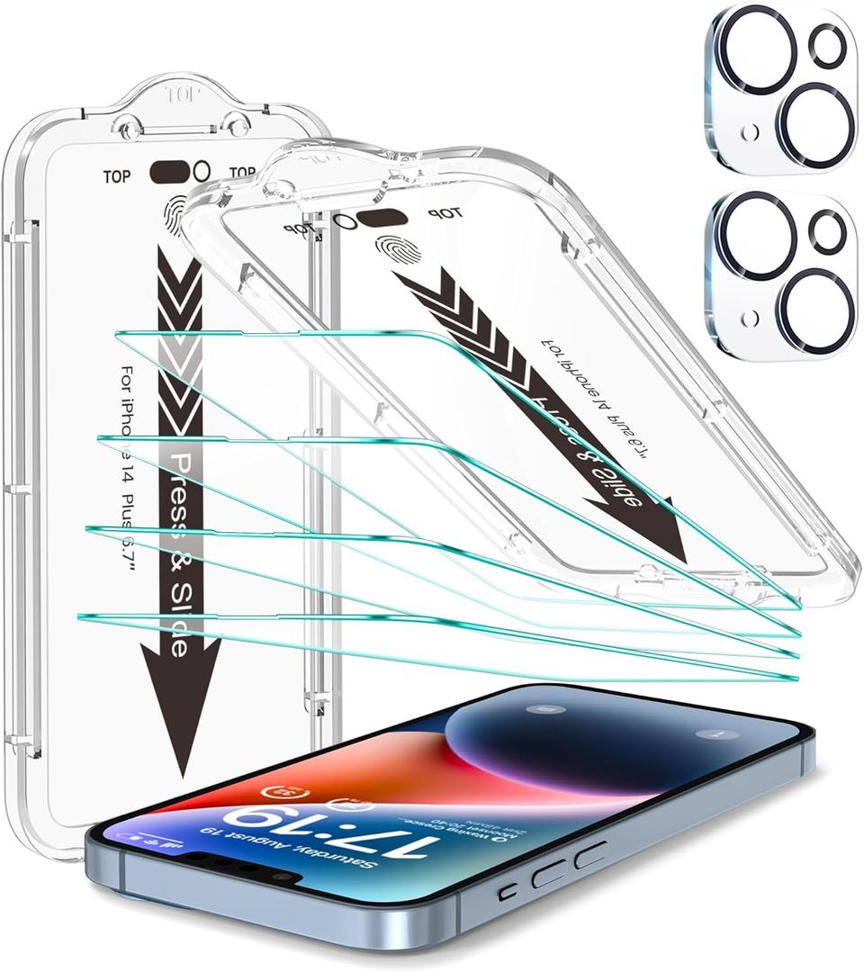 EZ-GLAZ- 4 Pack for iPhone 14 Plus Screen Protector [6.7"] With 2 Pack Camera Lens Protector, 9H+ Hardness 12FT Military Grade Shatterproof Scratch Resistant Durable Tempered Glass Film with Flawless Fit Kit, HD Clear (Transparency)