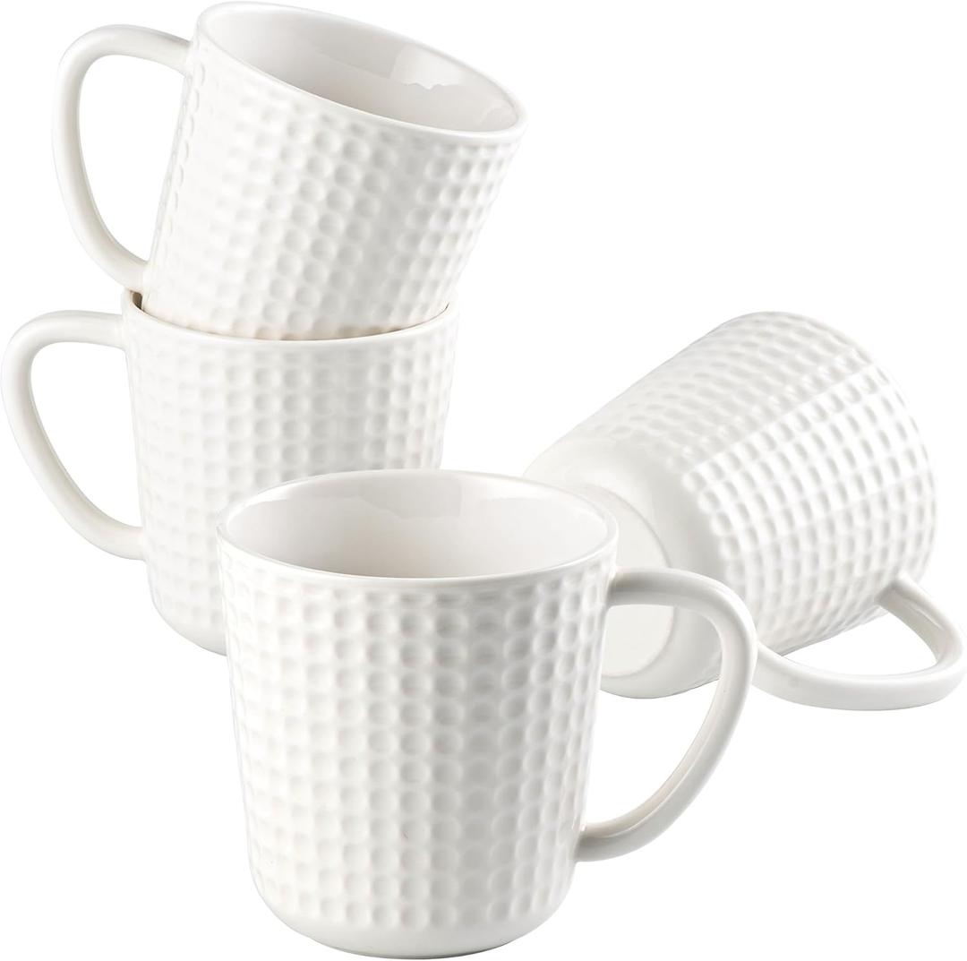 Ceramic Coffee Mugs Set of 4, 14oz White Coffee Cups with Embossed Grid Texture, Modern Minimalist Coffee Mug for Latte Cappuccino Tea Cocoa, Dishwasher & Microwave Safe, Ideal Housewarming Gift