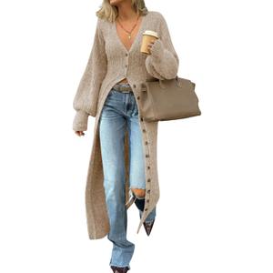 Saodimallsu Womens Long Cardigans V Neck Button Down Chunky Knit Dusters Sweater Coat Fall Trendy Maxi Sweater Dress (Small, Apricot)