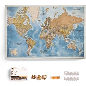 Canvas World Map with Cork Pin Board - English Lettering - Decorative Wall Decoration for All Rooms - Canvas Pictures with World Map Motif (90x60 cm, Pattern 15)