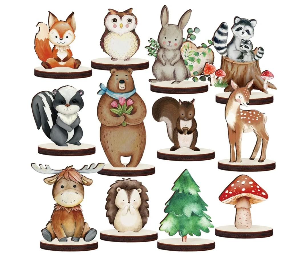 Geetery 12 Pcs Woodland Animals Wooden Animal Cutout Shapes Forest Painted Woodland Baby Shower Decorations Wild Creatures Wood Table Centerpieces for Forest Camp Party Supplies (Cute)