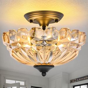 Dalouguan Semi Flush Mount Ceiling Light, 3-Light Kitchen Ceiling Lighting Fixtures with Amber Glass Lampshade, Gold Modern Chandelier for Living Room Bedroom Hallway